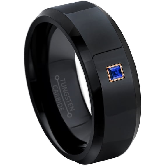 0.05ctw Princess Cut Blue Sapphire Tungsten Ring - 8MM Polished Black IP Beveled Edge Tungsten Carbide Wedding Band - September Birthstone Ring - 14kt Rose Gold Bezel - TN084PSRG-1SPs13