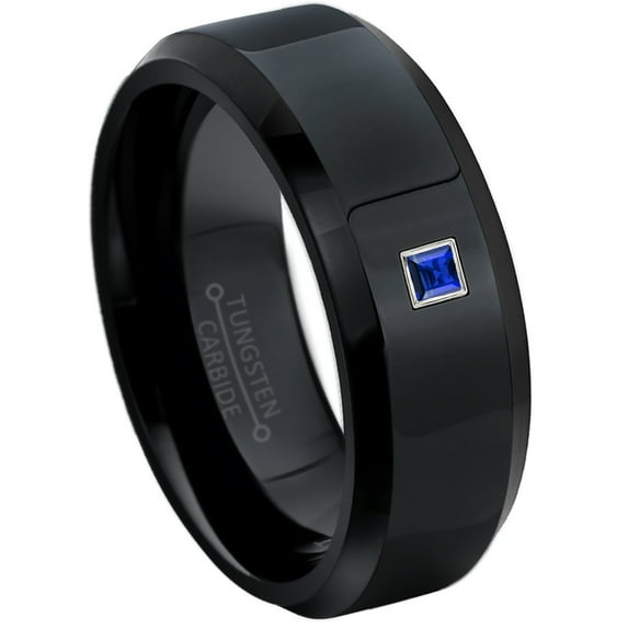 0.05ctw Princess Cut Blue Sapphire Tungsten Ring - 8MM Polished Black IP Beveled Edge Tungsten Carbide Wedding Band - September Birthstone Ring - 14kt White Gold Bezel - TN084PS-1SPs9