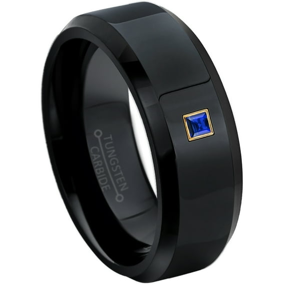 0.05ctw Princess Cut Blue Sapphire Tungsten Ring - 8MM Polished Black IP Beveled Edge Tungsten Carbide Wedding Band - September Birthstone Ring - 14kt Yellow Gold Bezel - TN084PSG-1SPs12