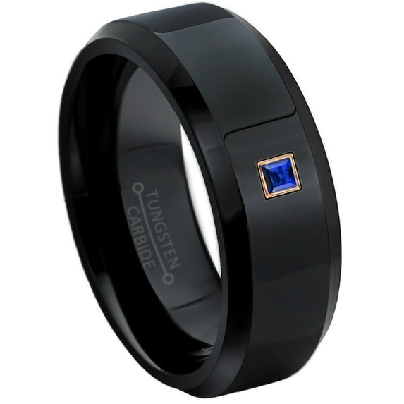 0.05ctw Princess Cut Blue Sapphire Tungsten Ring - 8MM Polished Black IP Beveled Edge Tungsten Carbide Wedding Band - September Birthstone Ring - 14kt Rose Gold Bezel - TN084PSRG-1SPs5