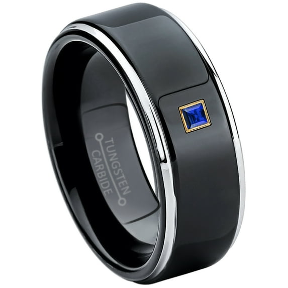 0.05ctw Princess Cut Blue Sapphire Tungsten Ring - 8MM Polished Black IP Stepped Edge Tungsten Carbide Wedding Band - September Birthstone Ring - 14kt Yellow Gold Bezel - TN118PSG-1SPs13