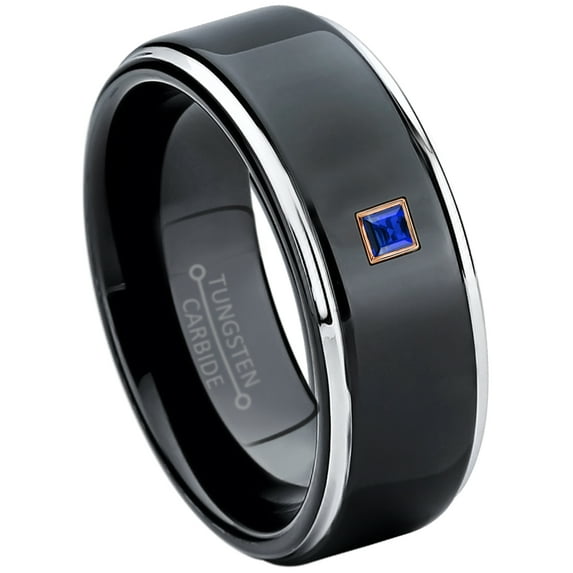 0.05ctw Princess Cut Blue Sapphire Tungsten Ring - 8MM Polished Black IP Stepped Edge Tungsten Carbide Wedding Band - September Birthstone Ring - 14kt Rose Gold Bezel - TN118PSRG-1SPs6