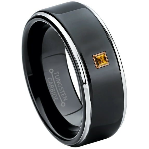 0.05ctw Princess Cut Citrine Tungsten Ring - 8MM Polished Black IP Stepped Edge Tungsten Carbide Wedding Band - November Birthstone Ring - 14kt Rose Gold Bezel - TN118PSRG-1CNs7
