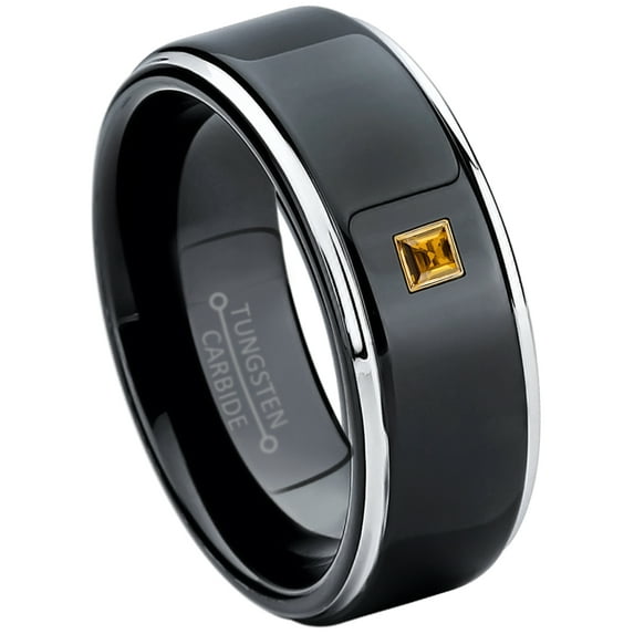 0.05ctw Princess Cut Citrine Tungsten Ring - 8MM Polished Black IP Stepped Edge Tungsten Carbide Wedding Band - November Birthstone Ring - 14kt Yellow Gold Bezel - TN118PSG-1CNs5