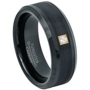 JEWELRY AVALANCHE 0.05ctw Princess Cut Diamond Tungsten Ring - 8MM Beveled Comfort Fit Black Tungsten Carbide Wedding Band - April Birthstone Ring - 14kt Yellow Gold Bezel - TN663PSG-1WDs7