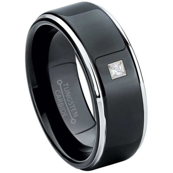 0.05ctw Princess Cut Diamond Tungsten Ring - 8MM Polished Black IP Stepped Edge Tungsten Carbide Wedding Band - April Birthstone Ring - 14kt White Gold Bezel - TN118PS-1WDs10