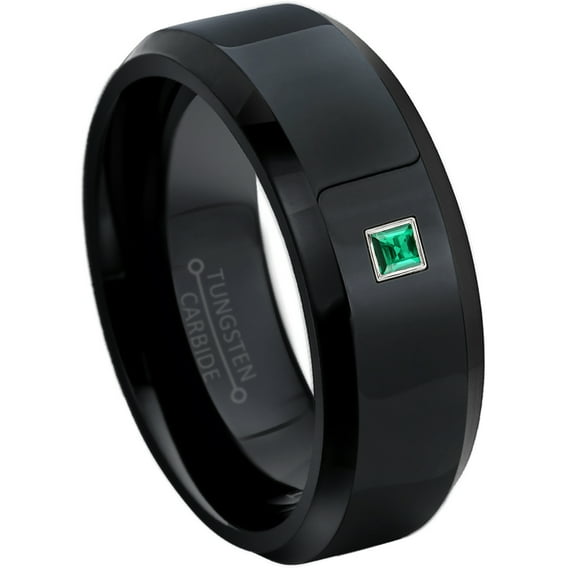 0.05ctw Princess Cut Emerald Tungsten Ring - 8MM Polished Black IP Beveled Edge Tungsten Carbide Wedding Band - May Birthstone Ring - 14kt White Gold Bezel - TN084PS-1EDs9