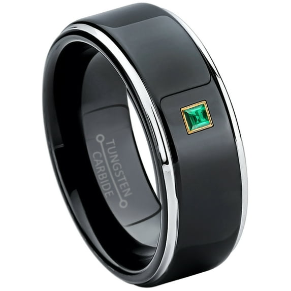 0.05ctw Princess Cut Emerald Tungsten Ring - 8MM Polished Black IP Stepped Edge Tungsten Carbide Wedding Band - May Birthstone Ring - 14kt Yellow Gold Bezel - TN118PSG-1EDs10