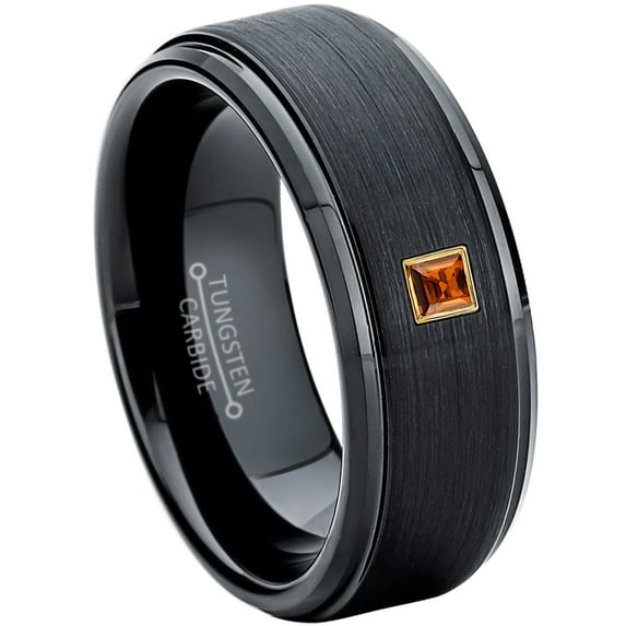 0.05ctw Princess Cut Garnet Tungsten Ring - 8MM Brushed Black IP Stepped Edge Tungsten Carbide Wedding Band - January Birthstone Ring - 14kt Yellow Gold Bezel - TN083PSG-1GRs10.5