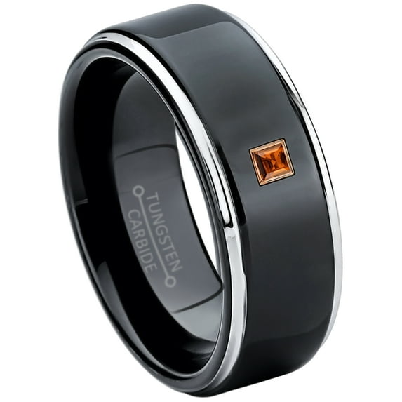 0.05ctw Princess Cut Garnet Tungsten Ring - 8MM Polished Black IP Stepped Edge Tungsten Carbide Wedding Band - January Birthstone Ring - 14kt Rose Gold Bezel - TN118PSRG-1GRs6