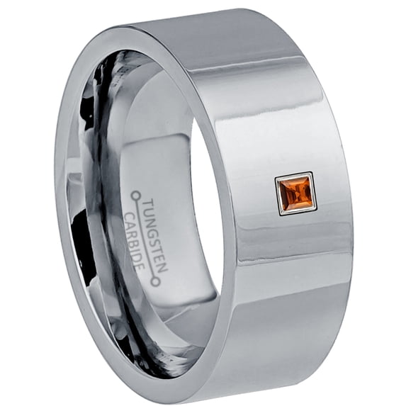 0.05ctw Princess Cut Garnet Tungsten Ring - 9MM Polished Finish Pipe Cut Tungsten Carbide Wedding Band - January Birthstone Ring - 14kt White Gold Bezel - TN066PS-1GRs9.5