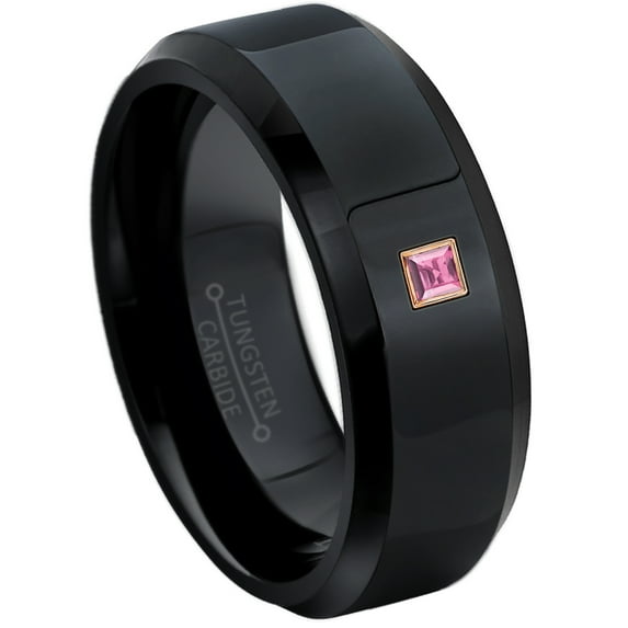 0.05ctw Princess Cut Pink Tourmaline Tungsten Ring - 8MM Polished Black IP Beveled Edge Tungsten Carbide Wedding Band - October Birthstone Ring - 14kt Rose Gold Bezel - TN084PSRG-1PTMs7.5