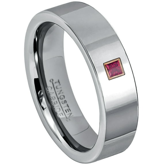 0.05ctw Princess Cut Ruby Tungsten Ring - 6MM Polished Finish Pipe Cut Tungsten Carbide Wedding Band - July Birthstone Ring - 14kt Rose Gold Bezel - TN020PSRG-1RBs6.5