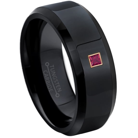 0.05ctw Princess Cut Ruby Tungsten Ring - 8MM Polished Black IP Beveled Edge Tungsten Carbide Wedding Band - July Birthstone Ring - 14kt Rose Gold Bezel - TN084PSRG-1RBs12