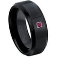 thumbnail image 1 of 0.05ctw Princess Cut Ruby Tungsten Ring - 8MM Polished Black IP Beveled Edge Tungsten Carbide Wedding Band - July Birthstone Ring - 14kt White Gold Bezel - TN084PS-1RBs9.5, 1 of 2