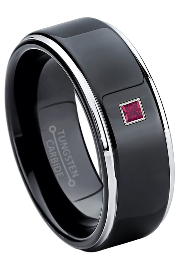 0.05ctw Princess Cut Ruby Tungsten Ring - 8MM Polished Black IP Stepped Edge Tungsten Carbide Wedding Band - July Birthstone Ring - 14kt White Gold Bezel - TN118PS-1RBs7.5