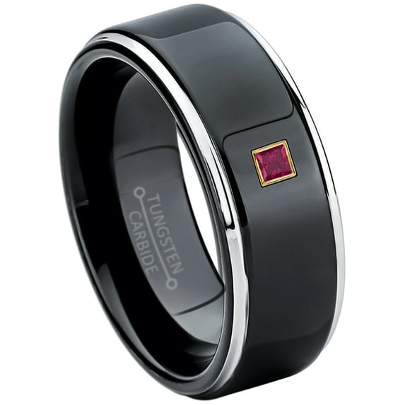 0.05ctw Princess Cut Ruby Tungsten Ring - 8MM Polished Black IP Stepped Edge Tungsten Carbide Wedding Band - July Birthstone Ring - 14kt Yellow Gold Bezel - TN118PSG-1RBs7.5