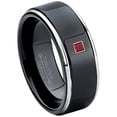 thumbnail image 1 of 0.05ctw Princess Cut Ruby Tungsten Ring - 8MM Polished Black IP Stepped Edge Tungsten Carbide Wedding Band - July Birthstone Ring - 14kt Yellow Gold Bezel - TN118PSG-1RBs9.5, 1 of 2
