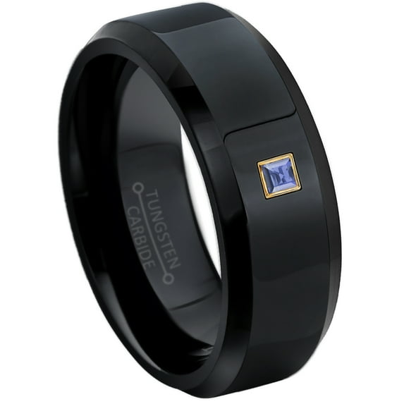0.05ctw Princess Cut Tanzanite Tungsten Ring - 8MM Polished Black IP Beveled Edge Tungsten Carbide Wedding Band - December Birthstone Ring - 14kt Yellow Gold Bezel - TN084PSG-1TZNs7.5