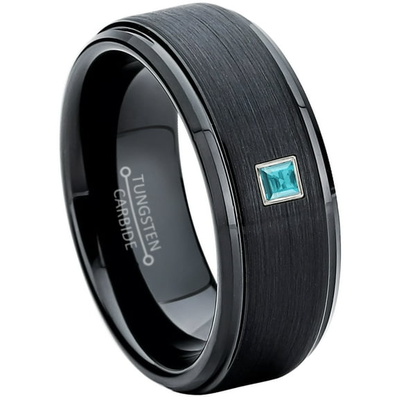 0.05ctw Princess Cut Topaz Tungsten Ring - 8MM Brushed Black IP Stepped Edge Tungsten Carbide Wedding Band - November Birthstone Ring - 14kt White Gold Bezel - TN083PS-1TPs12.5