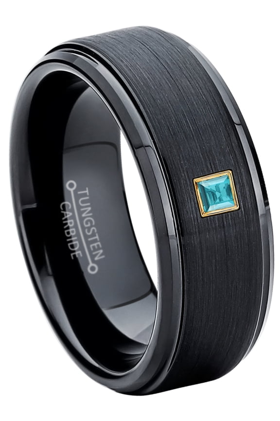 0.05ctw Princess Cut Topaz Tungsten Ring - 8MM Brushed Black IP Stepped Edge Tungsten Carbide Wedding Band - November Birthstone Ring - 14kt Yellow Gold Bezel - TN083PSG-1TPs10