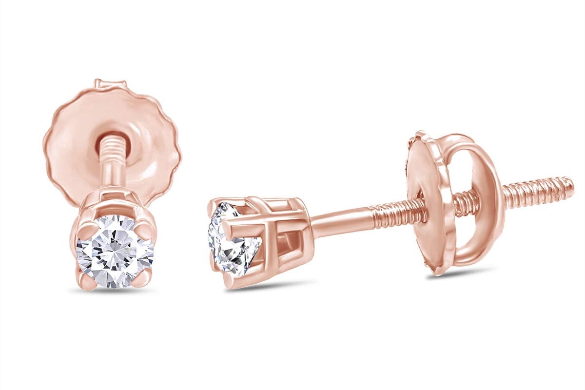 0.06 Carat (Cttw) Round Cut White Natural Diamond Accents 4-Prong Screw Back Solitaire Stud Earrings In 14k Rose Gold Over Sterling Silver Jewelry For Women