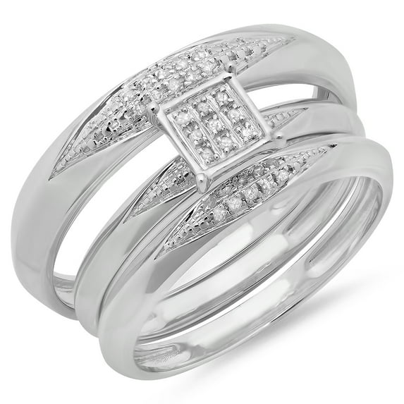 0.06 Carat (ctw) Sterling Silver Round White Diamond Men & Womens Micro Pave Engagement Ring Trio Bridal Set