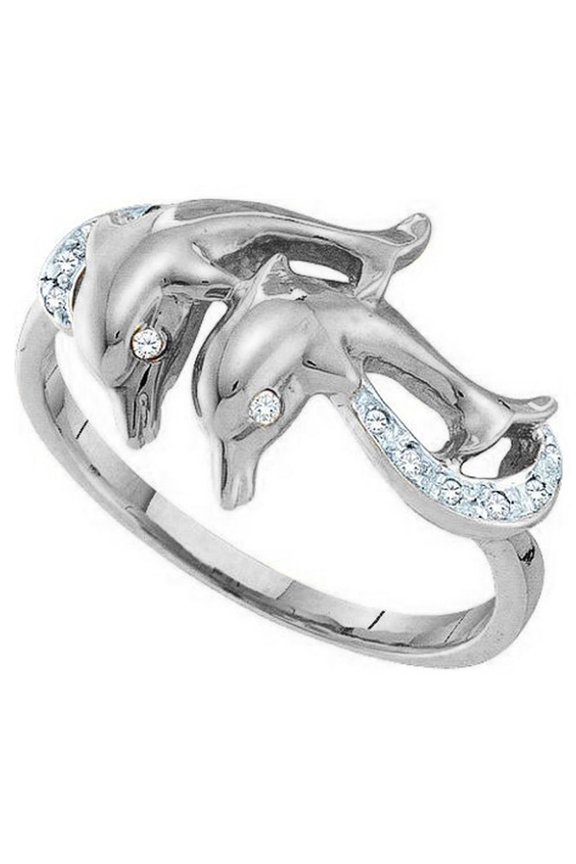 0.07 Carat (ctw) 18K White Gold Round White Diamond Ladies Cocktail Right Hand Dolphin Ring