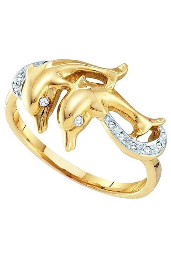 0.07 Carat (ctw) 18K Yellow Gold Round White Diamond Ladies Cocktail Right Hand Dolphin Ring