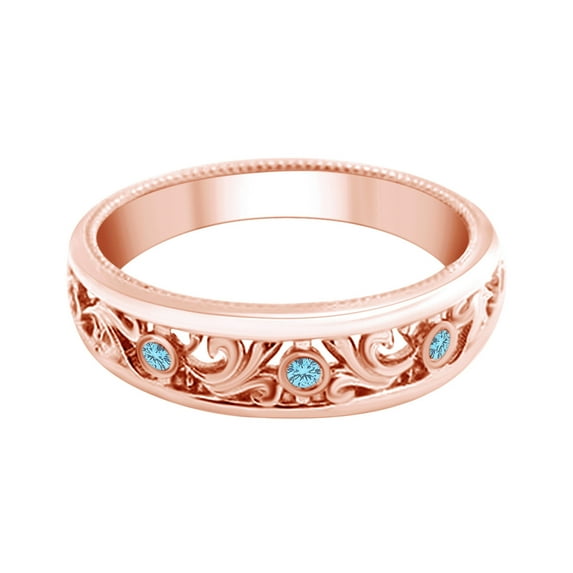 AFFY 0.08 Carat Round Simulated Blue Sapphire Filigree Half Eternity Wedding Band Ring 14k Solid Rose Gold Ring Size-8.5