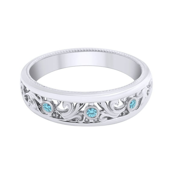 AFFY 0.08 Carat Round Simulated Blue Sapphire Filigree Half Eternity Wedding Band Ring 14k Solid White Gold Ring Size-7.5