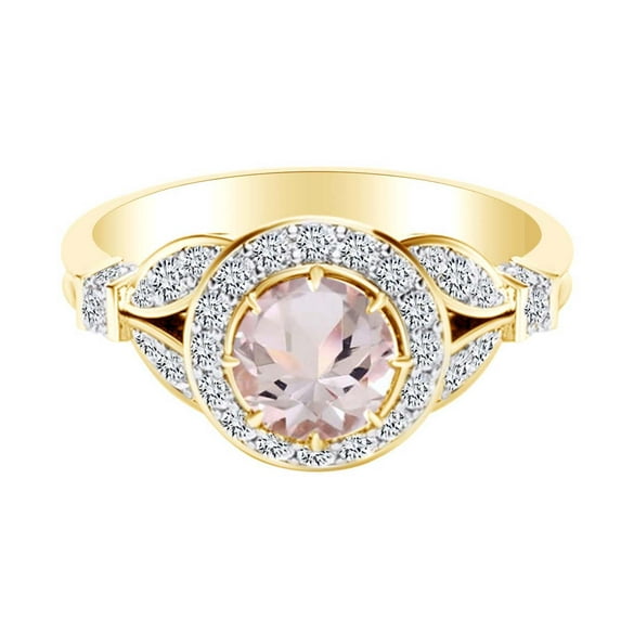 AFFY 0.08 Carat Round Simulated Morganite & Natural Diamond Vintage Style Engagement Ring 14K Solid Yellow Gold Ring Size-9