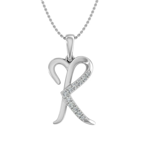0.08 ctw Diamond R Initial Letter Pendant Necklace in 14K White Gold (with Silver Chain)
