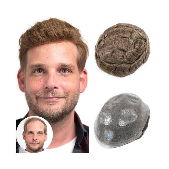 0.08mm Thin Skin Human Hair Men Toupee 18# Color Full PU Base Hairpiece Male Capillary Prothesis