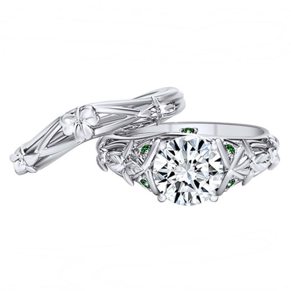 AFFY 0.09 Carat Round Moissanite & Simulated Emerald Engagement Ring with Band 14K Solid Gold White Gold Ring Size-6