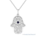 thumbnail image 1 of 0.09ct Sapphire & Diamond Hamsa Hand & Evil Eye Charm Pendant in 14k White Gold w/ Free .925 Silver Chain, 1 of 1