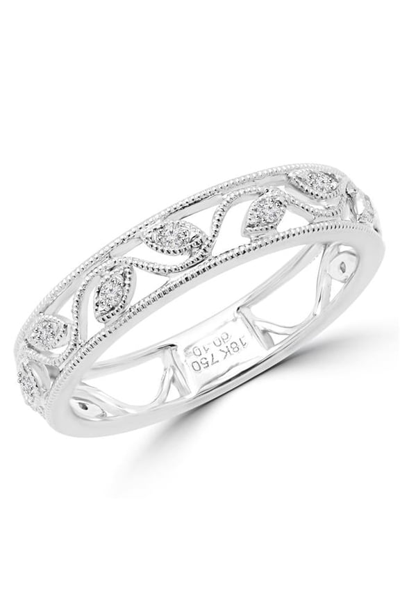 0.1 CTW Diamond Accent Leaf Motif Wedding Anniversary Band Ring in 18K White Gold - Size 3.25