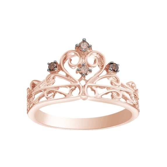 AFFY 0.1 Cttw Round Shape Brown Natural Diamond Crown Ring In 14K Rose Gold Over Sterling Silver