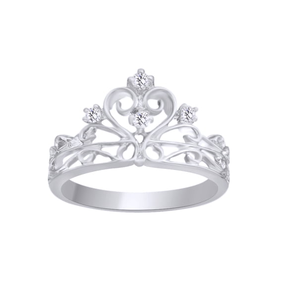 AFFY 0.1 Cttw Round Shape White Natural Diamond Royale Crown Ring In 14K White Gold Over Sterling Silver