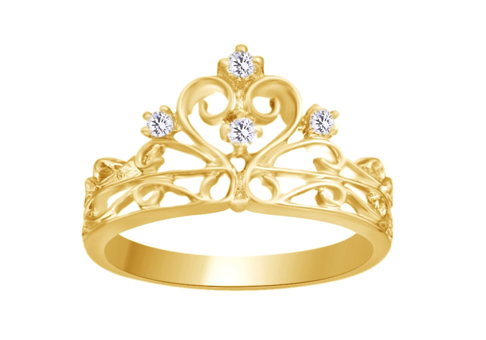 AFFY 0.1 Cttw Round Shape White Natural Diamond Royale Crown Ring 
