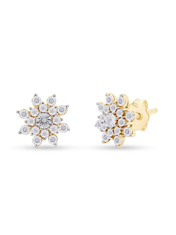 0.10 Carat (Cttw) White Natural Diamond Cluster Snowflake Stud Earrings 14k Yellow Gold Over Sterling Silver (I-J Color, I2-I3 Clarity, 0.10 Cttw)