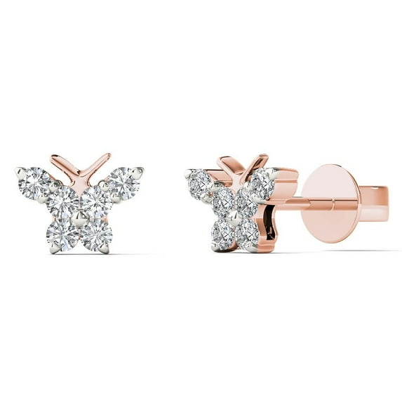 0.10 Carat Natural Round White Diamond Butterfly Stud Earrings for Women in 10K Rose and White Gold