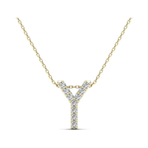 0.10 Carat Natural White Diamond Initial "Y" Pendant Necklace In 14K Yellow and White Gold with 18" Gold Cable Chain|Silver Chain