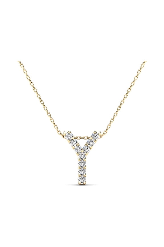 0.10 Carat Natural White Diamond Initial "Y" Pendant Necklace In 14K Yellow and White Gold with 18" Gold Cable Chain|Silver Chain