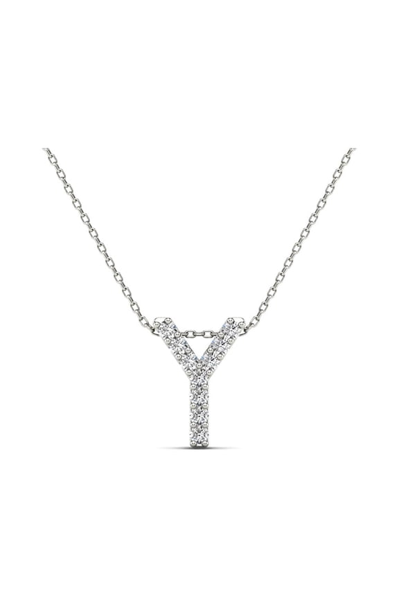 0.10 Carat Natural White Diamond Initial "Y" Pendant Necklace In 14K Yellow and White Gold with 18" Gold Cable Chain|Silver Chain