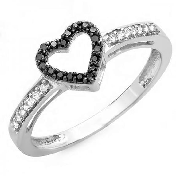 0.10 Carat (ctw) 10k White Gold Black & White Diamond Ladies Bridal Heart Shaped Promise Ring 1/10 CT