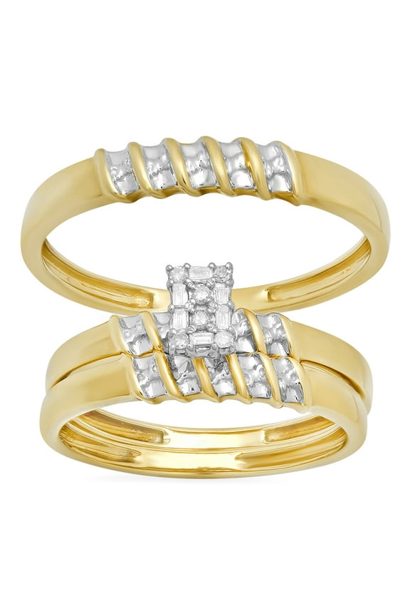 0.10 Carat (ctw) 10k Yellow Gold Round Diamond Ladies & Mens His Hers Bridal Engagement Ring Trio Set Band 1/10 CT