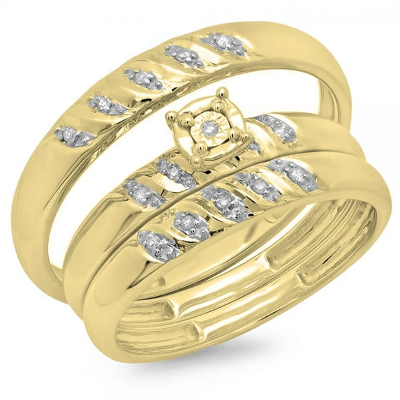 0.10 Carat (ctw) 14K Yellow Gold Round Cut Diamond Men & Women's Engagement Ring Trio Bridal Set 1/10 CT