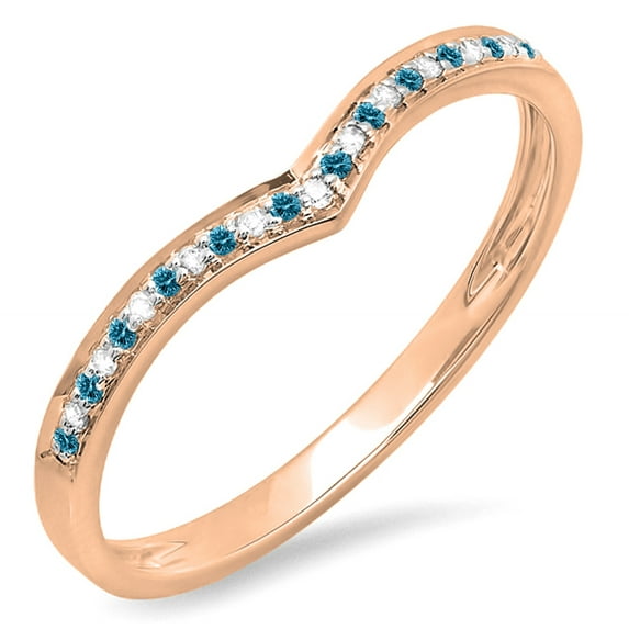0.10 Carat (ctw) 14k Rose Gold Round Real Blue & White Diamond Ladies Wedding Stackable Band Anniversary Guard Chevron R