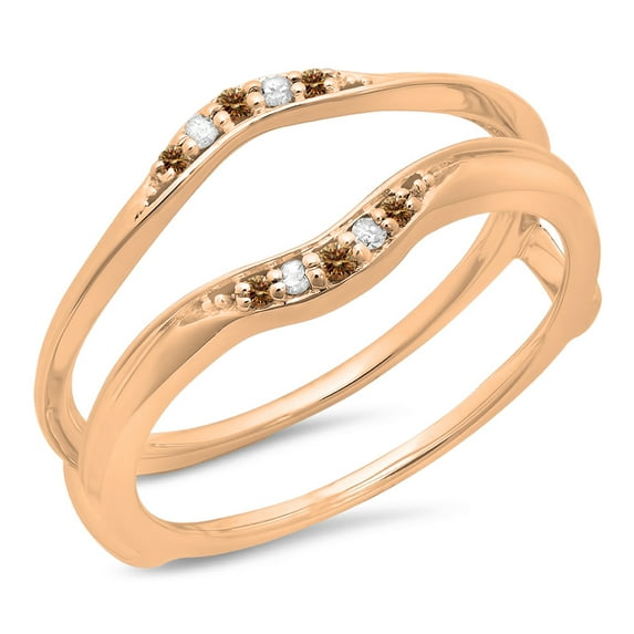 0.10 Carat (ctw) 18K Rose Gold Round Champagne & White Diamond Ladies Anniversary Wedding Band Guard Double Ring 1/10 CT